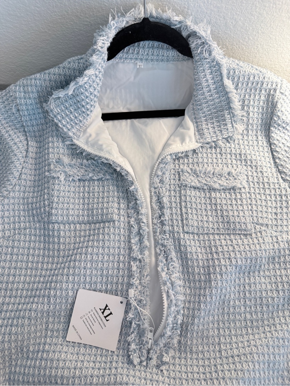 Light Blue Textured Mini Dress with Frayed Trim - Picture 5 of 7